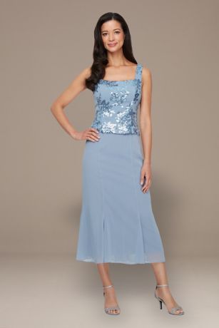 Tea-Length Sequin Jacket Dress with Chiffon Skirt | David's Bridal